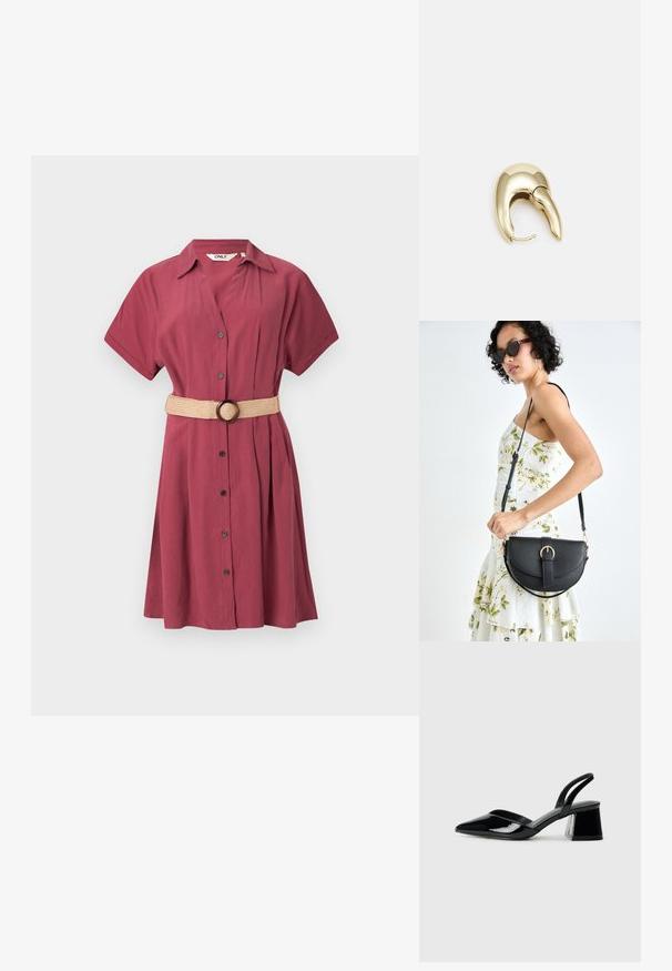 Abito camicia color marsala con maniche corte, chiusura a bottoni e pieghe. Include una cintura intrecciata beige con una fibbia rotonda. Tessuto liscio e leggero.; Décolleté in vernice nera con punta affusolata e tacco in geometria cubica. Presentano un design elegante e minimalista, con una texture liscia.; Borsa a tracolla nera in pelle con una forma curva, manico rimovibile e accessori dorati. La borsa presenta una patta con un dettaglio a fibbia.; Orecchino in metallo color oro con un design elegante e curvo. Presenta una forma appuntita distintiva, superficie lucida e chiusura a cerniera.