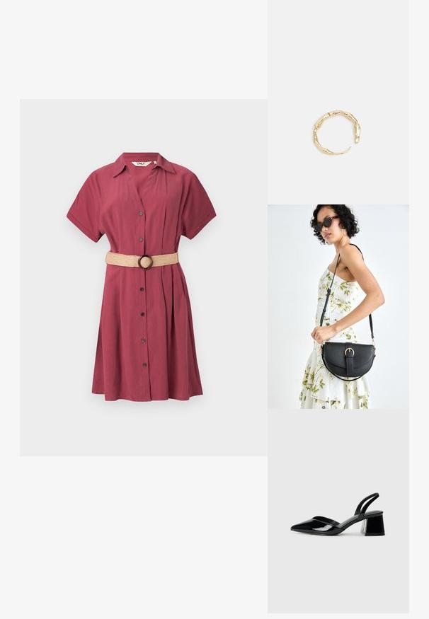 Bordeauxfarbenes Hemdkleid mit kurzen Ärmeln, Knopfleiste und Fältchen. Inkl. einem beigen gewebten Gürtel mit runder Schnalle. Glattes, leichtes Material.; Schwarze Lackleder-Slingback-High Heels mit spitzem Schuh und einem geometrischen Blockabsatz. Verfügt über ein schlankes, minimalistisches Design und eine glatte Textur.; Schwarze Lederhandtasche mit geschwungener Form, abnehmbarem Tragegurt und goldenen Beschlägen. Die Tasche verfügt über einen Deckel mit einer Schnallen-Details.; Goldfarbener Ring mit einem organischen, gedrehten Design, glatter Oberfläche und sich verjüngenden Enden, was ein modernes, skulpturales Erscheinungsbild erzeugt.