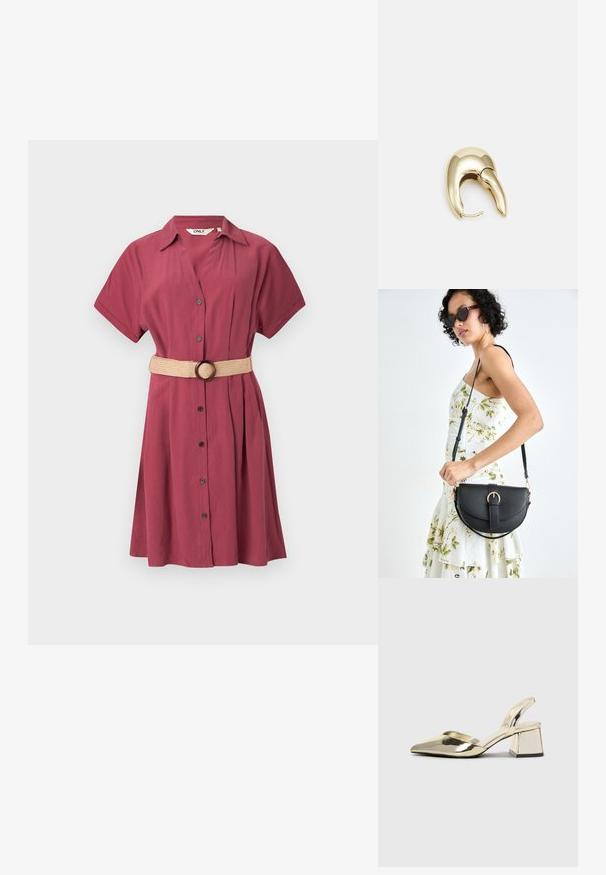 Kastanjefarvet skjortekjole med korte ærmer, knapfront og plisseringer. Inkluderer et beige vævet bælte med en rund spænde. Glat, let stof.; Gull, metallisk slingback-hæler med spiss tå og chunky hæl. Glatt tekstur, minimalistisk design og en smal stropp.; Svart lærveske med en buet form, avtagbar stropp og gullbeslag. Vesken har et klaff med spenne-detall.; Gullfarget metalløredobber med et elegant, buet design. Har en karakteristisk spiss form, polert overflate og hengsel-lukking.