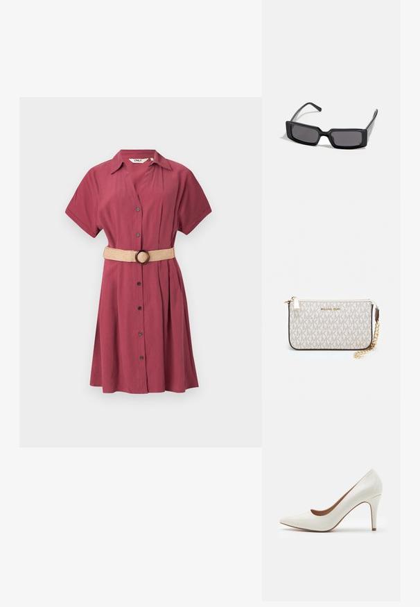 Vínová košilová šaty s krátkými rukávy, zapínáním na knoflíky a sklady. Obsahuje béžový tkaný opasek s kulatou sponou. Hladká, lehká tkanina.; Bílé lakované kožené lodičky na vysokém podpatku s špičatou špičkou a hladkým povrchem, vybavené štíhlým podpatkem a nízkým střihem kolem otvoru.; Černé sluneční brýle s obdélníkovým rámem, tmavými čočkami a hladkým lesklým povrchem. Mají tenké nožičky s jemným logem na boku.; Kabelka na zápěstí Michael Kors v béžové potažené plátno s opakujícím se vzorem loga MK, zlatými kovovými doplňky a odnímatelným řetízkovým popruhem.; Zlaté kovové náušnice s vlnitým designem; hladký, lesklý povrch; asymetrický tvar; žádné viditelné vzory nebo hardware.