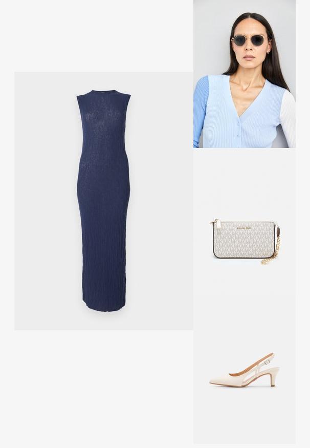 Mornarsko modra, brez rokavov midi obleka iz teksturirane, rebraste tkanine. Prilagojen silhueta z okroglim izrezom in robom do gležnjev.; Bela slingback peta z ostrim nosom, gladka zgornja prevleka, nizka blok peta in zasnova z stranskimi izrezi ter nastavljivim trakom z zaponko.; Okrogle sončna očala s temnimi lečami in zlatimi okvirji. Model nosi svetlo modro, rebrasto jakno s gumbi in belimi rokavi v kontrastni barvi.; Michael Kors denarnica v bež lakiranem platnu z mišičnim vzorcem ponavljajočega se logotipa MK, z zlatim okovjem in snemljivo verižico.