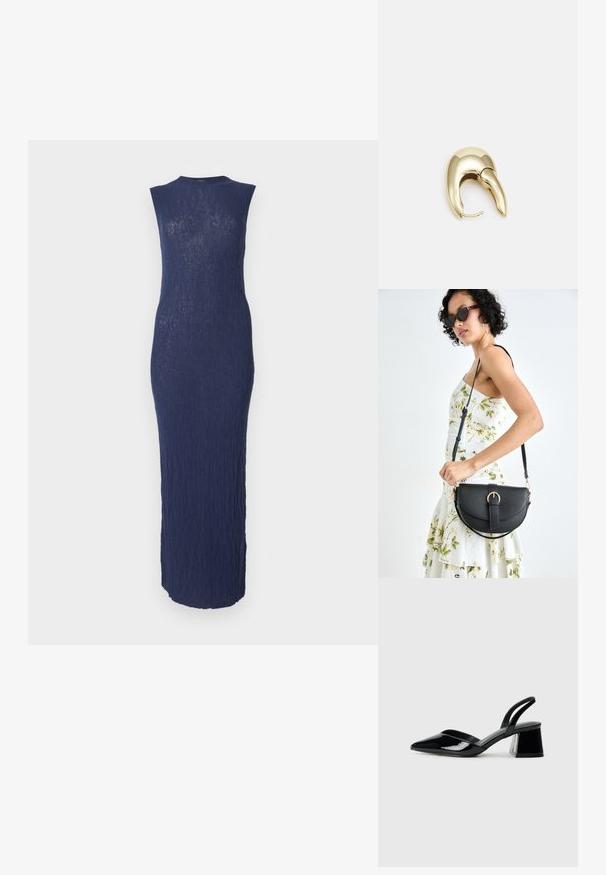 Rochie midi fără mâneci, de culoare albastru marin, dintr-un material texturat, cu o textură în riburi. Siluetă ajustată, cu decolteu rotund și margine la lungimea gleznei.; Pantofi cu toc slingback din piele lacuită neagră, cu vârf ascuțit și toc geometric. Prezintă un design elegant, minimalist și o textură netedă.; Geantă din piele neagră, cu o formă curbată, curea detașabilă și accesorii aurii. Geanta are un capac cu un detaliu tip cataramă.; Cercei din metal de culoare aurie cu un design elegant și curbat. Prezintă o formă distinctivă, ascuțită, o suprafață lustruită și un sistem de închidere cu balama.