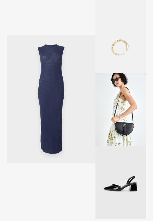 Mornarsko plava, bez rukava, midi haljina s teksturiranim, rebrastim materijalom. Prilagođen kroj s okruglim izrezom i donjim rubom do gležnjeva.; Crne lakirane kožne sandale s otvorenom petom i špicastim vrhom, s geometrijskom blok petom. Imaju elegantan, minimalistički dizajn i glatku teksturu.; Crna kožna torba s lukovitim oblikom, odvojivim remenom i zlatnim detaljima. Torba ima preklop s kopčom.; Prsten u zlatnoj nijansi s organskim, uvijenim dizajnom, glatkom teksturom i suženim krajevima, koji stvara moderan, skulpturalni izgled.
