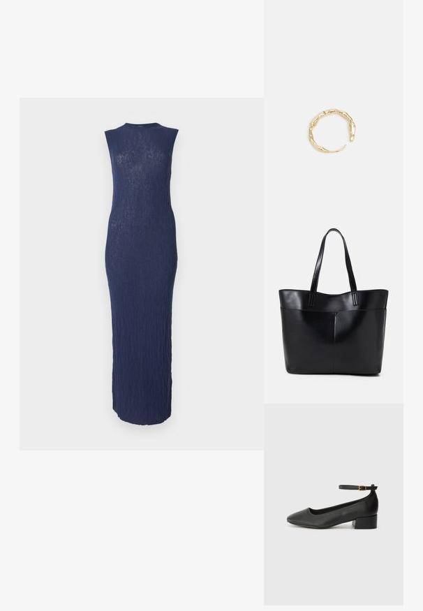 Tumši zils bez piedurknēm midi kleita ar teksturētu, ribotu audumu. Pieguļošs siluets ar apaļu kakla izgriezumu un apakšējo malām, kas sasniedz potītes garumu.; Melnas ādas sūkņi ar smailu purngalu un zemu bloku papēdi. Iezīmēts ar potītes siksniņu ar zelta krāsas sprādzi. Gluda tekstūra.; Melnas ādas iepirkumu soma ar divām garām rokturām, gludu tekstūru un strukturētu formu. Iekļauj priekšējo kabatu papildu uzglabāšanai.; Zelta toņa gredzens ar organisku, vērptu dizainu, gludu virsmu un sašaurinātiem galiem, radot mūsdienīgu, skulpturālu izskatu.
