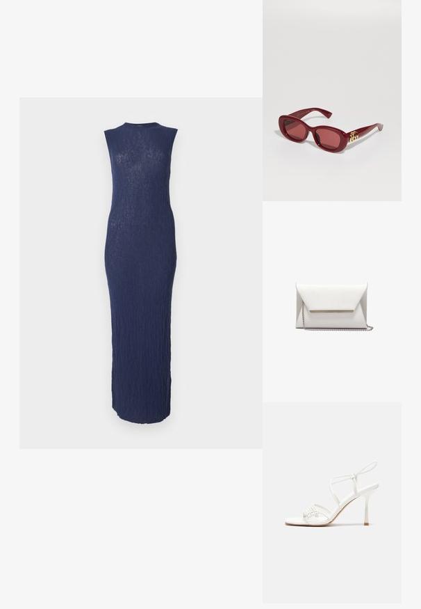Námořnická modrá, bezramenná midi šaty s texturovanou, žebrovanou tkaninou. Obepnutý silueta s kulatým výstřihem a lemováním v délce kotníků.; Bílé sandály na vysokém podpatku s tenkým páskem kolem kotníku, plochou špičkou, texturovaným předním dílem s nařasenými detaily.; Červené plastové sluneční brýle s obdélníkovými rámy, tónovanými skly a zlatým logem na nožičkách. Hladký, lesklý povrch.; Bílá obálková kabelka z hladké kůže se stříbrným řetízkovým popruhem a kovovým akcentem na přední straně. Minimalistický design a trojúhelníkový tvar.