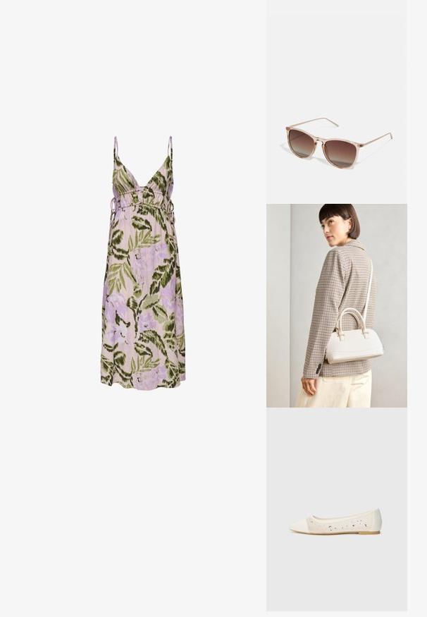 Cvjetna haljina u svijetlo ljubičastoj boji s uzorkom zelenog lišća, sa dubokim V-izrezom, prilagodljivim bočnim vezicama i mekim materijalom.; Balerina s izduženim vrhom od krem kože s prozirnim gornjim dijelom i raspršenim rhinestones. Mekana potplat za udobnost, minimalistički dizajn.; Smeđe gradient sunčane naočale s prozirnim ružičastim okvirom, kvadratnog oblika i tankim metalnim ručkama. Imaju zaobljene ivice i minimalne detalje.; Bijela strukturna torba s kratkim ručkama i remenom za rame, s zlatnim metalnim detaljima i teksturiranim materijalom, prikazana na sivoj pozadini.