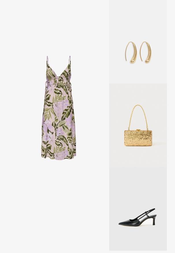 Kvetinové šaty v svetlo purpurovej farbe s zelenými listovými vzormi, s hlbokým V-členkom, nastaviteľnými bočnými viazaniami a mäkkou látkou.; Čierne patentové slingback topánky na ihlovom podpätku s špicatou špičkou, s textúrovaným hadím vzorom, nastaviteľným popruhom a krátkym, textúrovaným blokovým podpätkom.; Zlatá flitrová listová taška s obdĺžnikovým tvarom, vybavená skrúteným reťazovým držadlom a kovovým uzatváraním, odrážajúca svetlo s textúrovaným povrchom.; Náušnice vo forme zlatých kovových kruhov s zakriveným, predĺženým tvarom. Majú hladký, lesklý povrch a zaoblený koniec pre pridanie detailu.