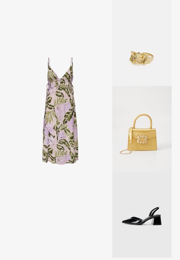 Cvetna obleka v svetlo vijolični barvi z zelenimi listnatimi vzorci, z globokim V-izrezom, nastavljivimi bočnimi vezalkami in mehkimi materiali.; Črne lakirane slingback pete s koničastim nosom in geometrijsko blokasto peto. Imajo eleganten, minimalističen dizajn in gladko teksturo.; Rumeno usnjeno-usnje z vzorcem krokodila, s strukturiranim dizajnom, zgornjo ročajem, snemljivo verižico in dekorativnim kristalnim okrasjem na zaponki.; Zlati prstan z teksturiranim, valovitim dizajnom, ki ima tri izrazite vrhove. Gladka, sijoča površina z odprtim pasom za prilagodljivo prileganje.