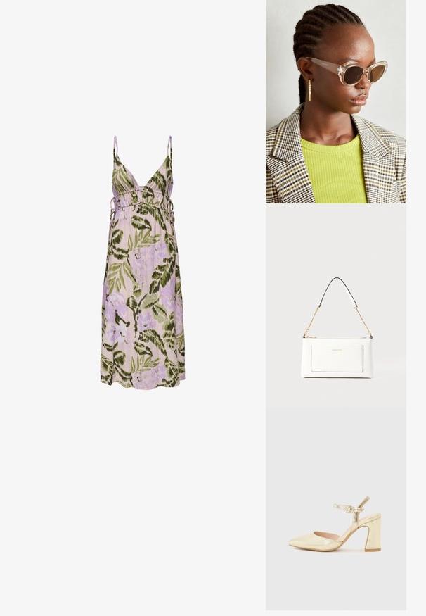 Ziedu kleita gaiši violetā krāsā ar zaļiem lapu rakstiem, ar dziļu V veida kakla izgriezumu, regulējamām sānu saitēm un mīkstu audumu.; Zelta metāla augstpapēžu kurpes ar norādītu purngalu, potītes siksniņu ar apaļo aizdari un masīvu papēdi. Gluda tekstūra.; Caurspīdīgas kaķacis saulesbrilles ar brūnām lenso. Modele vilkusi zaļu ribotu topu un šķērsota bleizeri. Zelta riņķa auskari.; Baltā ādas rokassomu ar teksturētu apdari, ar zelta ķēdes siksnu un melniem akcentiem. Iekļauj priekšējo kabatu un aizdari ar rāvējslēdzēju.