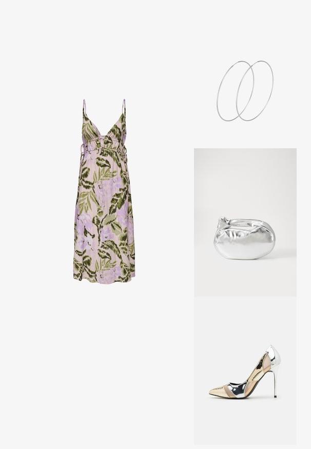 Cvetna obleka v svetlo vijolični barvi z zelenimi listnatimi vzorci, z globokim V-izrezom, nastavljivimi bočnimi vezalkami in mehkimi materiali.; Čevlji z visoko peto in konico, v barvni kombinaciji srebrne, zlate in nude. Sijajna obdelava z izrezljanim dizajnom, z igličasto peto.; Srebrna kovinska torbica z mehko, zaobljeno obliko in zavezano zgornjo zaporo. Narejena iz gladkega umetnega usnja.; Srebrne uhane v obliki obroča z minimalističnim dizajnom. Krožna oblika, gladka tekstura in tanek profil. Lahki s poliranim zaključkom.