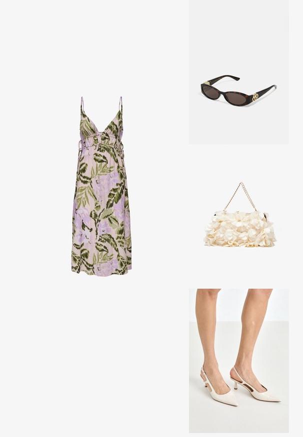 Kergelt lilla lilleline kleit, millel on rohelised lehemustrid, sügava V-kaelusega, reguleeritavad külgtõmblused ja pehme kangas.; Beesek patentnaha slingback kontsad 5 cm kontsaga, millel on terav nina ja lõigatud külgedega ning õhuke pahkluu rihm.; Kilpkonnakilbi stiilis prillid piklik-ovaalsete läätsede, pruunika tooniga, kuldsete logo aktsentidega templitel ja elegantsed mustad varred.; Valge lilleline käekott, millel on volditud kangapind, kuldne ahelakott ja metallist klamber. Omab tekstureeritud kroonlehti, mis lisab detailidele sügavust.