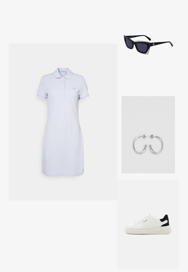 Vaaleansininen puuvillapolo-mekko. Ominaisuuksiin kuuluu klassinen kaulus, kolme nappia ja kirjailtu logo rinnassa. Lyhyet hihat ja suora leikkaus.; Valkoiset nahkakengät paksulla valkoisella pohjalla, mustalla mokkanahkaosuudella kannassa ja kohokuvioitu logo sivulla. Nauhakeskitys kuudella reiällä.; Mustat ylisuuret aurinkolasit, joissa on geometrinen muoto, tummat linssit ja kehykseen erottuva harmaa yksityiskohta. Logo varressa.; Hopehopeet hopehopeet hopehopeet hopehopeet, jolla on sileä, kiiltävä pinta. Pyöreä muoto, kevyt rakenne, jossa on neulakiinnitys.