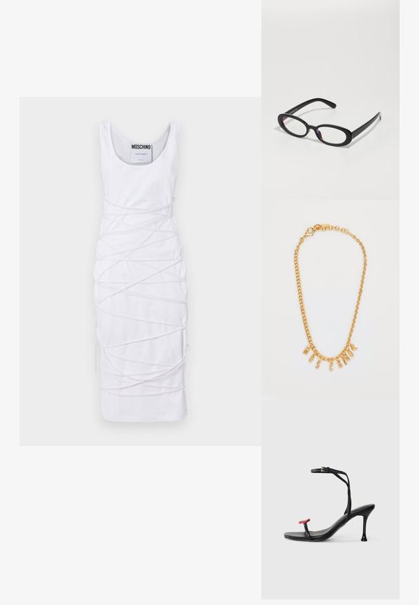 Biała sukienka bez rękawów z okrągłym dekoltem, cechująca się unikalnym wzorem z przekręconych akcentów tkanin oraz bocznymi rozcięciami dla dodatkowego efektu.; Czarny sandał na obcasie z cienkim zapięciem na kostce i czerwoną akcentem na palcach. Charakteryzuje się smukłym wzornictwem i błyszczącym wykończeniem oraz szpilką.; Owalne czarne okulary z przezroczystymi soczewkami, o gładkim wykończeniu i szerokich zausznikach. Soczewki mają subtelny fioletowy odcień. Logo po boku.; Złoty naszyjnik łańcuszkowy z literowymi zawieszkami, które tworzą napis "MOSCATO". Gładka tekstura z zapięciem typu lobster oraz ogniwami o różnej wielkości.