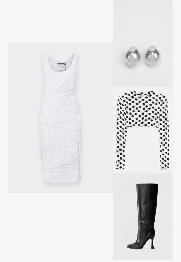 Valkoinen ilman hihoja oleva mekko, jossa on pyöreä pääntie, erottuu ainutlaatuisella kierrettyjen kangasaksenttien ja sivureikien suunnitelmalla, joka tuo lisää yksityiskohtia.; Lyhythihainen toppi joustavasta valkoisesta kankaasta, jossa on mustia pilkkuja, sileä pinta ja pyöreä pääntie.; Musta nahkainen polvipituinen saapas, jossa on tiukka varsi ja terävä kärki. Sen huomionarvoinen ominaisuus on kaareva korko ja sileä tekstuuri.; Hopeakkorvakorut, joissa on sileä, pyöreä muoto, kiiltävä pinta ja heijastava pinta. Minimalistinen muotoilu ilman koristeita.