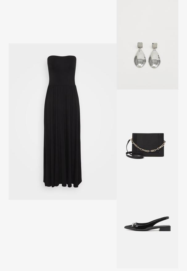 Vestido maxi preto sem alças, feito de tecido elástico, apresentando um corpete ajustado e uma saia fluida com detalhes plissados para maior volume.; Sapatos slingback de verniz preto com bico fino, detalhe em metal prateado e um salto baixo. Textura suave e brilhante por toda a parte.; Bolsa crossbody de couro preto com uma textura suave, forma retangular e um detalhe em corrente metálica na frente. Inclui uma alça ajustável.; Brincos de gota em prata com um pino quadrado, apresentando um acabamento liso e polido e uma forma de gota, refletindo a luz com uma superfície brilhante.