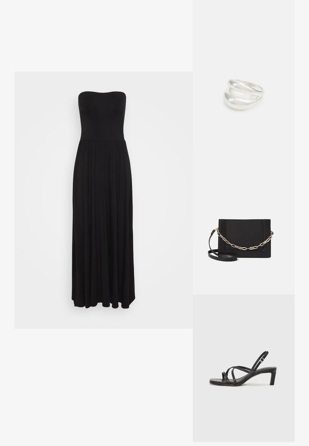 Vestido maxi negro sin mangas, hecho de una tela elástica, que presenta un corpiño ajustado y una falda fluida con detalles plisados para añadir volumen.; Sandalia negra de tiras con punta cuadrada y tacón bajo de bloque. Presenta múltiples tiras delgadas y una correa ajustable en el tobillo. Fabricada en cuero suave.; Bolso cruzado de piel negra con textura suave, forma rectangular y un detalle de cadena metálica en el frente. Incluye una correa ajustable.; Anillo de plata de doble banda con una superficie lisa y pulida. Presenta un diseño fluido y curvado con secciones superpuestas para un aspecto moderno.