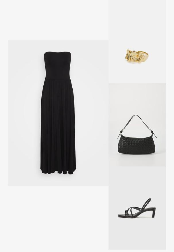 Must mustriba neelukene kleit, mis on valmistatud venivast kangast, millel on istuv bodi ja voolav seelik, millel on volditud detailid lisaks mahule.; Mustast rihmajalatsid ruudukujulise varba ja madala ploki kontsaga. Omab mitmeid õhukesi rihmasid ja reguleeritavat pahkluu rihma. Valmistatud siledast nahast.; Must mustriga õlakott sujuvate nahkliistude ja tõmblukuga. Omab tekstuurset pinda ja kaarjat kuju.; Kuldne sõrmus tekstureeritud, lainelise disainiga, millel on kolm silmapaistvat tippu. Sile, läikiv pind ja avatud riba, mis võimaldab reguleeritavat sobivust.