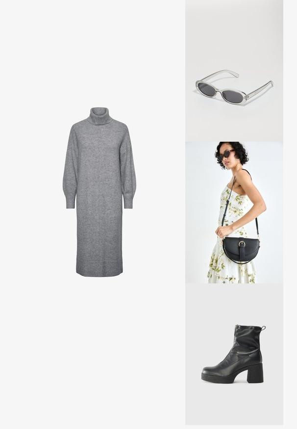 Pilkos mezginio suknelės su aukštu apykakliu, ilgomis pūkuotomis rankovėmis ir taisyklinga, iki kelių siekiančia siluetu. Yra dryžuoti rankogaliai ir apatinė kraštas.; Juodos kulkšninių botai, pagaminti iš lygaus odos, su šoniniu užtrauktuku, masyviu tekstūruotu kulnu ir apvaliu pirštu.; Akiniai nuo saulės ovalo formos, su skaidriu plastiko rėmu, tamsiai pilkais objektyvais ir plonomis skaidriomis šakėmis, dekoruotais logotipų akcentais ir minimaliais detalėmis.; Juodas odinis krepšys su išlenkta forma, nuimamu dirželiu ir auksiniais detalėmis. Krepšys turi kilpą su sagtimi.