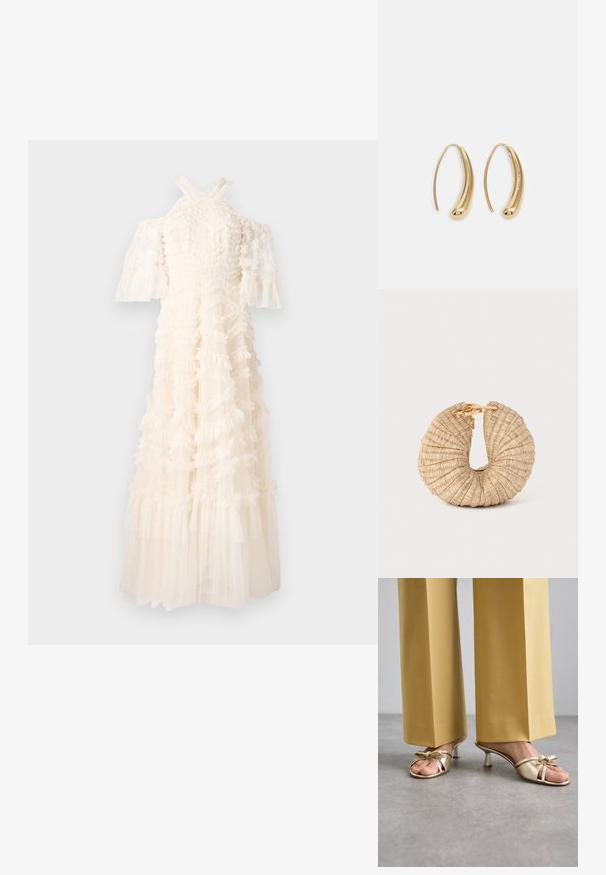 Balta suknelė su raukšlėta medžiaga, petukų nelaikančios rankovės ir tekanti sijonai. Tekstūruotas dizainas su sluoksniuotais raukšlėmis ir permatomais elementais.; Stuart Weitzman FELICITY BOW SLIDE - Pantoletai su kulnu - platino; Cult Gaia UBAH - Delninukė - wheat; Auksinės metalinės auskarų kabės su lenktą, pailgą forma. Turi lygų, blizgantį paviršių ir užapvalintą galiuką papildomam akcentui.