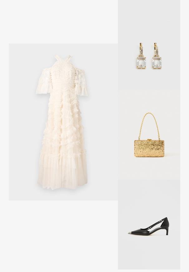 Robe blanche avec tissu froncé, manches dénudées, et jupe fluide. Design texturé avec des volants superposés et des éléments translucides.; Escarpin en cuir noir à petit talon en forme de kit avec embout pointu argenté et doubles sangles à boucle sur fond blanc.; Pochette en sequins dorés de forme rectangulaire, dotée d'une poignée en chaîne torsadée et d'une fermeture à fermoir en métal, réfléchissant la lumière avec une finition texturée.; Boucles d'oreilles en or lumineux avec un cristal rectangulaire transparent pendent sous une rangée de petits accents ronds transparents. Design élégant et moderne.