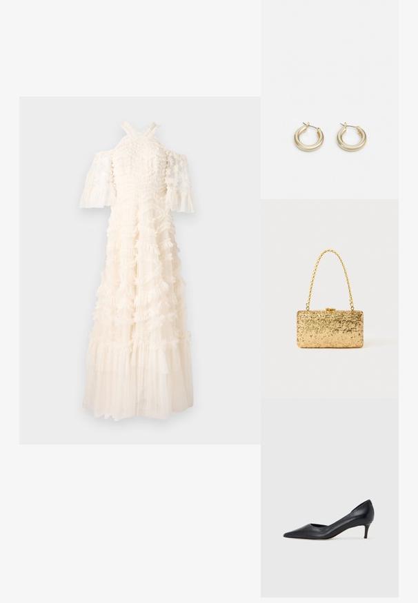 Witte jurk met gerimpeld materiaal, off-the-shoulder mouwen en een vloeiende rok. Geweven ontwerp met gelaagde ruffle-elementen en doorschijnende details.; Zwarte leren pump met een puntige neus en lage hak. Heeft een gladde textuur en een subtiele glans. Open uitsparing aan de voorkant voor extra detail.; Gouden pailletten clutch in rechthoekige vorm, met een gedraaide kettinghandvat en een metalen sluiting, die het licht reflecteert met een gestructureerde afwerking.; Lauren Ralph Lauren BASIC SMALL HOOP - Oorbellen - gold-coloured