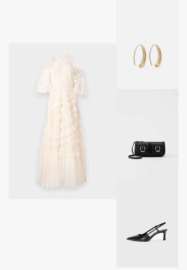 Rochie albă cu țesătură volanată, cu mâneci descoperite pe umeri și o fustă fluidă. Design texturat cu volane suprapuse și elemente transparente.; Pantofi cu toc slingback negri din patent, cu vârf ascuțit, cu imprimeu de șarpe texturat, curea ajustabilă și toc scurt texturat.; Geantă neagră din piele, tip crossbody, cu două buzunare frontale, catarame aurii, închidere cu fermoar și o curea subțire. Suprafață texturată și formă rectangulară compactă.; Cercei din metal auriu, cu un design curbat și alungit. Au o suprafață netedă și strălucitoare, cu un vârf rotunjit pentru un detaliu suplimentar.