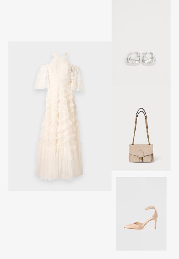 White dress with ruffled fabric, off-the-shoulder sleeves, and a flowing skirt. Textured design with layered ruffles and sheer elements.; Nude patent leather pointed-toe shoe with an ankle strap and a stiletto heel, featuring a smooth texture and minimalistic design.; Beige suede handbag with gold chain straps, structured rectangular shape, stitched detailing, and a gold logo accent on the front.; Silver hoop earrings with a smooth, rounded design and a wavy accent featuring small, clear rhinestones along one edge.