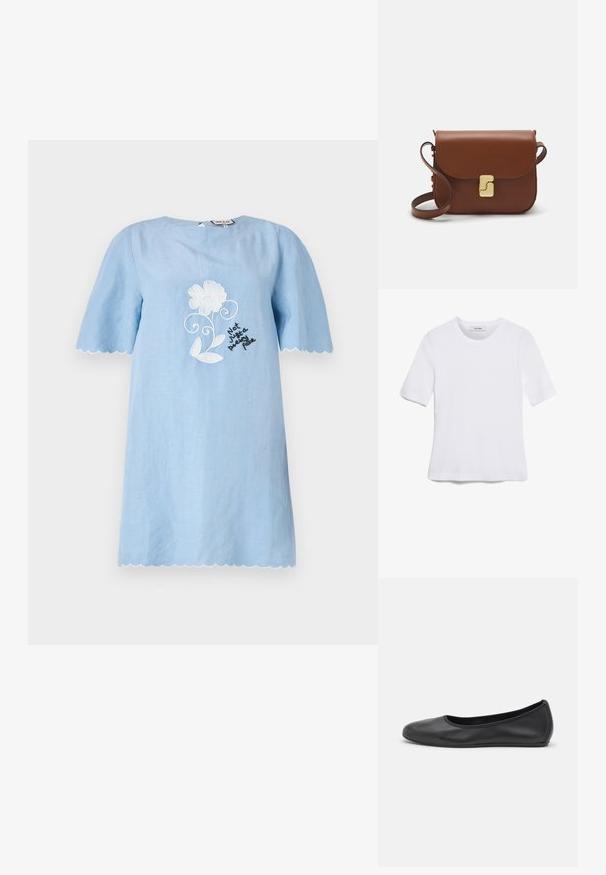 Helles blaues kurzärmeliges Kleid mit gewelltem Saum, das weiße Blumendekorationen und schwarzen Text mit der Aufschrift "Nicht nur ein hübsches Gesicht" zeigt.; Weißes kurzärmliges T-Shirt aus geripptem Stoff. Runder Halsausschnitt, normale Passform und dezente Nähte. Keine Muster oder Grafiken.; Schwarze Leder-Ballettschuhe mit abgerundeter Spitze, glatter Textur, minimalen Nähdetails und einem flexiblen Sohlen-Design.; Braune Ledertasche mit Klappenverschluss, Beschlägen in Goldfarbe, einem Schultergurt und einer glatten Oberfläche. Kompakte rechteckige Form.