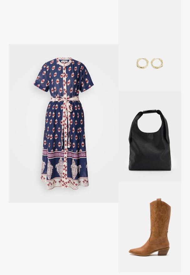 Dunkelblaues Kleid mit floralen Mustern in Rot und Weiß, kurzen Ärmeln, einer durchgehenden Knopfleiste und einem passenden Gürtel in der Taille.; Braune Leder-Cowboy-Stiefel mit spitzem Zehenbereich, bestickten Wirbelmustern am Schaft und einem gestapelten Blockabsatz. Verfügt über einen Ziehriemen für das einfache Anziehen.; Schwarze Leder-Hobo-Tasche mit einem einzelnen, weichen, abgerundeten Griff; verfügt über eine glatte Textur und ein minimalistisches Design. Keine sichtbaren Beschläge oder Akzente.; Goldene Creolen mit einer strukturierten, unregelmäßigen Form. Sie verfügen über einen nahtlosen Verschluss und eine polierte Oberflächenbehandlung, die ein modernes Design betont.