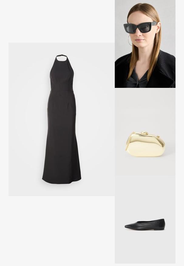 Fekete, nyakpántos estélyi ruha, testhez álló felsőrésszel és bővülő szoknyával. Simaság jellemzi, tiszta vonalakkal és látható minták nélkül.; Fekete bőr balettcipő, hegyes orral, minimalista dizájn, sima textúra, alacsony sarkú, látható fémrész vagy díszítés nélkül.; Fekete macskaszem napszemüveg sötét lencsékkel, vastag kerettel és diszkrét díszítésekkel. Fekete kabátot és szürke felsőt visel, hosszú egyenes hajjal.; Fémes arany színű kistáska sima, lekerekített formával, tetején gombos záródással és kis láncfogóval a hordozáshoz.
