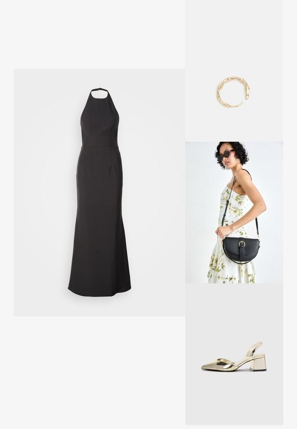 Melnā halter stila vakartērpa ar pieguļošu augšdaļu un izvērstu svārku. Izgatavota no gludas auduma, ar tīrām līnijām un bez redzamām rakstu beigām.; Zeltaini, metāla kurpes ar siksniņām, norakans purngalis un masīla papēdis. Gluda tekstūra, minimālisma dizains un šaura siksna.; Melnas ādas rokassoma ar izliekta formu, noņemamu siksnu un zelta aksesuāriem. Somai ir vāciņš ar sprādzes detaļu.; Zelta toņa gredzens ar organisku, vērptu dizainu, gludu virsmu un sašaurinātiem galiem, radot mūsdienīgu, skulpturālu izskatu.