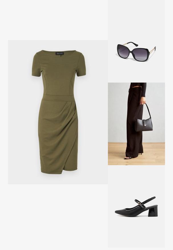 Olivno zelena obleka s kratkimi rokavi, okroglim izrezom in drapiranjem na strani. Izdelana iz gladkega, elastičnega materiala.; Črne patentne usnjene salonarce s slingback obliko, s koničastim nosom, zaobljenim izrezom in blok peto. Imajo zlato kovinsko zaponko kot dodatno okrasje.; Črne prevelike sončne očala z degradacijskimi lečami, debelimi okvirji in zlatimi verižicami na ročajih.; Črna torbica z strukturirano obliko, gladko teksturo in kovinskim zaponko. Ujemajo se z širokimi črnimi hlačami in odprtimi sandali na lesenem tleh.