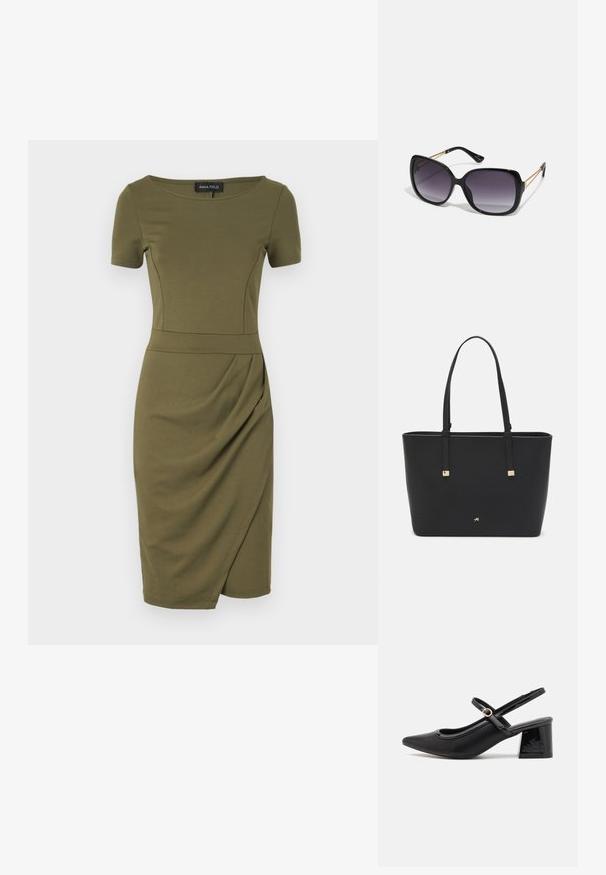 Alyvuogių žalios spalvos aptempimas su trumpomis rankovėmis, apvaliu iškirpimu ir šoniniais drapiruotės išskirtiniais elementais. Pagaminta iš lygaus, tamprios medžiagos.; Juodi patentinio odos slingback aukštakulniai su smailiu pirštu, apvaliu išpjovimu ir blokiniu kulnu. Papuošti auksiniu juostos akcentu.; Juodos didelės saulės akinių su pereinamais objektyvais, storomis rėmeliais ir auksinės spalvos grandinėmis ant šventyklų.; Juodas sintetinio pluošto rankinis krepšys, turintis paprastą stačiakampį dizainą, auksines kvadratines detales ir dvi rankenas.