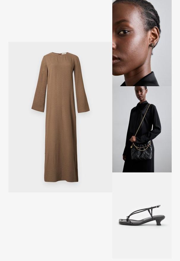 Duga smeđa haljina s okruglim izrezom, dugim širokim rukavima i zatvaračem na leđima, prikazana na jednobojnoj bijeloj pozadini.; Crne kožne sandale s tankim trakama, niskim blok-petama i kvadratnim nožnim prstima. Imaju kopčanje s kopčom i glatku teksturu.; Crna naslagana kožna torba s naboranim vrhom, zlatnim lančićem i pravokutnim oblikom, držana uz jednostavnu pozadinu.; Zlatne cvjetne naušnice sa teksturiranim crnim središtem i delikatnim detaljima. Na profilu su vidljive modelove bistre kože i pletena kosa.