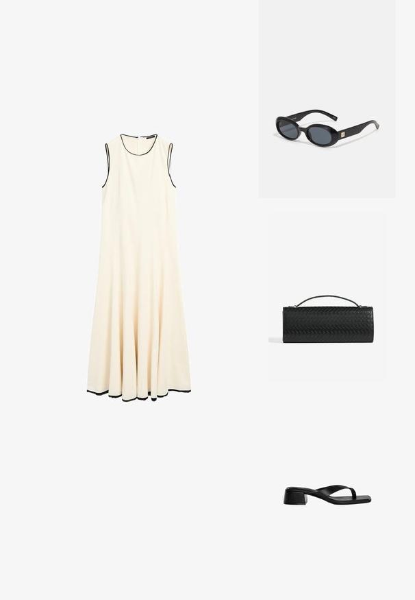 Beżowa, bezrękawnikowa sukienka do kolan z okrągłym dekoltem i czarnym wykończeniem na brzegach. Rozkloszowany dół dla większej swobody ruchów.; Czarne skórzane sandały na obcasie posiadają projekt z paskiem między palcami, kwadratowy czubek oraz niski blokowy obcas. Gładka struktura w minimalistycznym stylu.; Czarne owalne okulary przeciwsłoneczne z ciemnymi soczewkami, błyszcząca plastikowa oprawka, szerokie zauszniki i mały złoty akcent z jednej strony.; Czarna pleciona skórzana kopertówka o prostokątnym kształcie, z cienkim uchwytem i subtelnymi złotymi akcentami.; Czarny naszyjnik na sznurku z teksturowanymi szarymi i białymi koralikami, z dużym czarnym frędzlem na końcu. Regulowana długość.