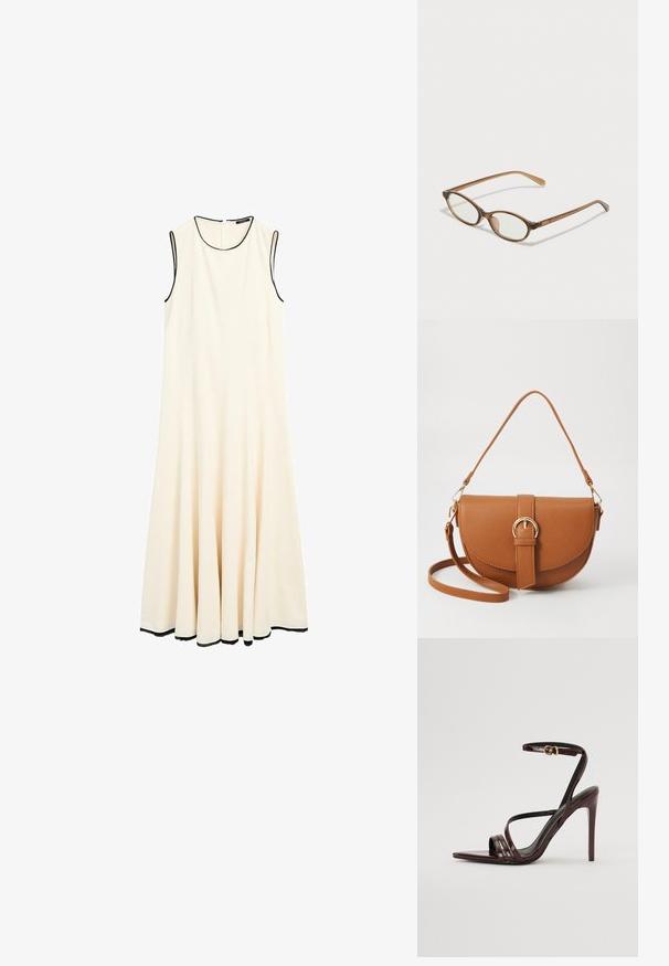 Bezrukávové šaty délky ke kolenům v off-white barvě s kulatým výstřihem a černými lemy po okrajích. Rozšířená sukně pro větší pohyb.; Bordeaux lakované kožené sandály na vysokém podpatku s řemínkem kolem kotníku, špičatou špičkou a třemi vodorovnými pásky přes nohu. Zlacený detail s přezkou.; Hnědé želvovinové brýle s oválnými skly, tenkými bočními nohami a průhlednými akcenty. Obsahují decentní logo na stranu. Elegantní, lehký design.; Hnědá kožená křížová taška s zakřiveným tvarem, zlatými detaily a akcentem s přezkou. Obsahuje odnímatelný popruh na rameno.