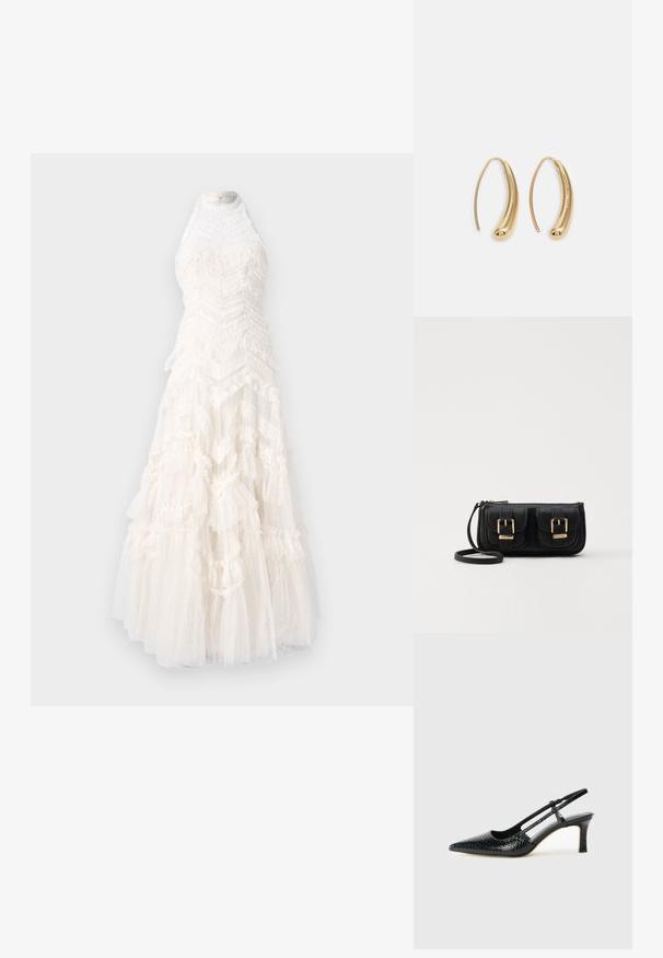 Rochie albă de seară cu straturi de tul și accente volan, guler înalt și o siluetă lungă și fluidă. Material texturat și ușor.; Pantofi cu toc slingback negri din patent, cu vârf ascuțit, cu imprimeu de șarpe texturat, curea ajustabilă și toc scurt texturat.; Geantă neagră din piele, tip crossbody, cu două buzunare frontale, catarame aurii, închidere cu fermoar și o curea subțire. Suprafață texturată și formă rectangulară compactă.; Cercei din metal auriu, cu un design curbat și alungit. Au o suprafață netedă și strălucitoare, cu un vârf rotunjit pentru un detaliu suplimentar.
