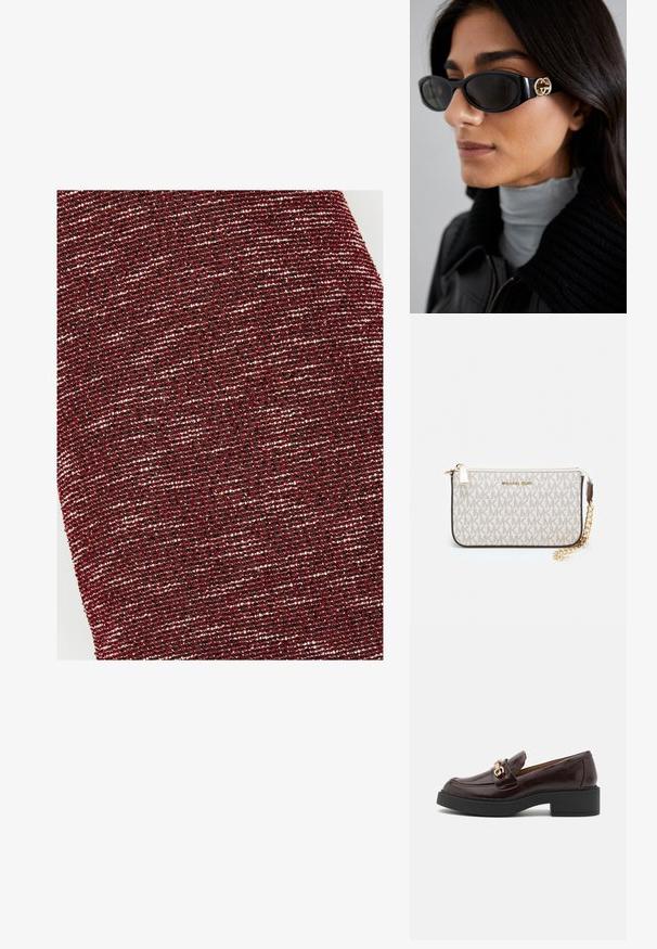 Textúrovaná látka v tmavočervenej farbe s striebornými bodkami, s tkaným vzorom, ktorý vytvára jemný lesk a hĺbku. Mäkko, flexibilný materiál.; Hnedé kožené loafery s zlatým akcentom v podobe spony, čierny blokový podpätok a hladká textura. Bočný pohľad ukazuje zaoblenú špičku a prešívanie.; Čierne slnečné okuliare s elegantným obdĺžnikovým rámom a zlatým logom na boku. Tmavé šošovky a lesklý povrch sú výrazné.; Michael Kors zápästná taška v béžovej potiahnutej plátenej tkanine s opakujúcim sa vzorom loga MK, zlatým kovania a odnímateľným reťazovým popruhom.