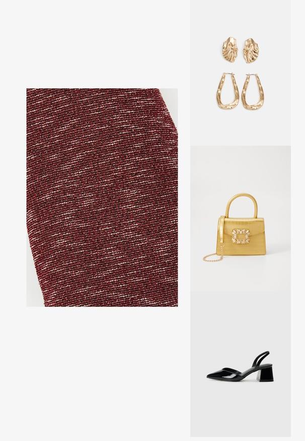 Sarkans audums ar sudraba plankumiem, kas iezīmēts ar austu rakstu, radot smalku spīdumu un dziļumu. Mīksts, elastīgs materiāls.; Melna lakota āda ar atvērto papēdi, ar smailu purngalu un ģeometrisku blokpapēdi. Iezīmējas elegants, minimāls dizains un gluda tekstūra.; Dzeltena mākslīgā krokodila roku soma ar strukturētu dizainu, augšējo rokturi, noņemamu ķēdes siksniņu un dekoratīvām kristāla rotājumiem aizdares daļā.; Zelta krāsas auskari ar teksturētām, viļņotām formām. Iekļauts skulpturāls piespraužams modelis un atvērta gredzenveida konstrukcija ar izsistām virsmām.