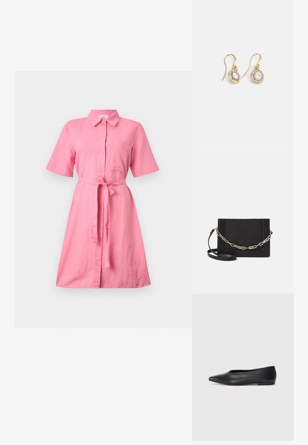 Rozā lina krekla kleita ar īsām piedurknēm, pogām priekšā un jostu jostas vietā. Iespējama krūšu kabata un brīvāka piegriezuma formas.; Melna ādas baleta kurpe, ar norādītu purngalu, minimālisma dizains, gluda tekstūra, zema papēža augstums, bez redzamiem aksesuāriem vai rotājumiem.; Melna ādas crossbody soma ar gludu faktūru, taisnstūrveida formu un metalizētu ķēdes detaļu priekšā. Iekļauta regulējama siksna.; Zelta tonī veidotas auskaru piekariņi ar ovālu izgriezumu caurspīdīgām kristālēm, kuras ieskauj mazākas caurspīdīgas akmeņu daļiņas, ar āķveida dizainu drošai valkāšanai.