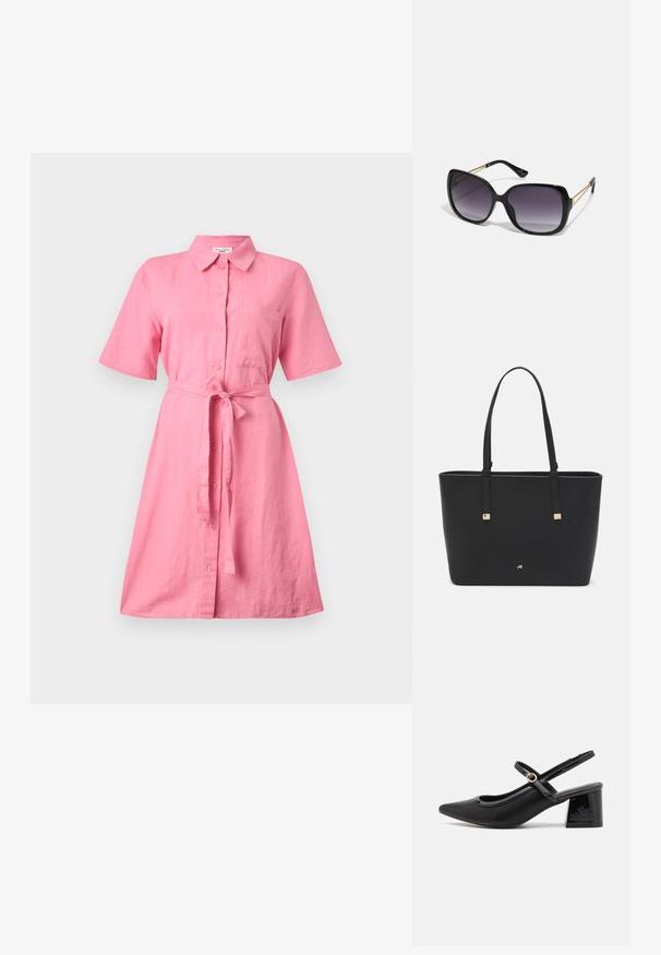 Rozā lina krekla kleita ar īsām piedurknēm, pogām priekšā un jostu jostas vietā. Iespējama krūšu kabata un brīvāka piegriezuma formas.; Melns patentēts ādas sandales ar norādīta pirksta formu, noapaļotu izgriezuma dizainu un bloķētu papēdi. Iezīmēta ar zelta toņa sprādzi.; Melni pārmērīgi lieli saulesbrilles ar gradāciju lēcām, biezām rāmja malām un zeltainas krāsas ķēžu detaļām uz tempļiem.; Melnā somiņa, kas izgatavota no sintētiska materiāla, ar vienkāršu taisnstūra formu, zelta kvadrātveida akcentiem un divām rokturiem.