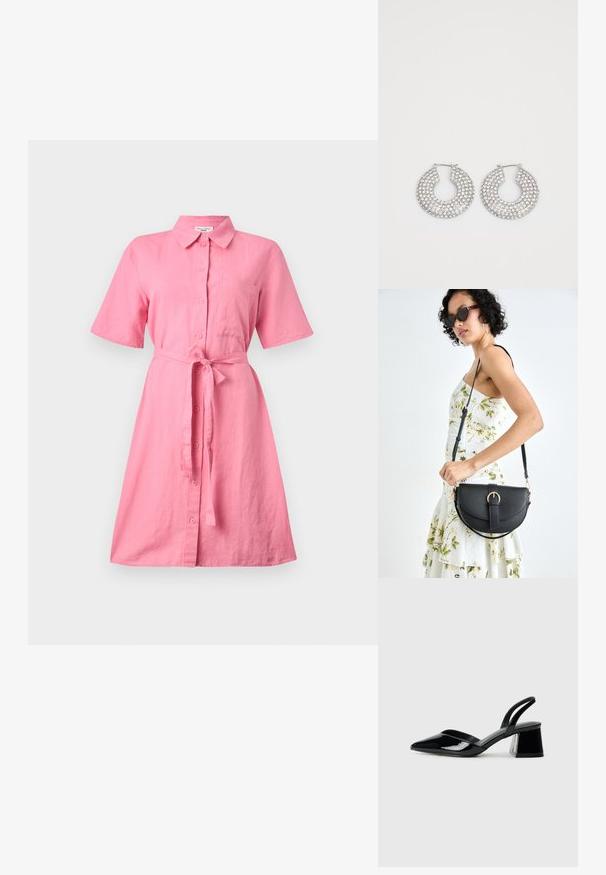 Rózsaszín vászon ingruha rövid ujjal, gombos elülső résszel és derékban megkötős övvel. Jellemzője egy mellzseb és a laza szabás.; Fekete lakk bőr szandálkés magas sarkú cipő, hegyes orral és geometrikus tömbsarkakkal. Karcsú, minimalista dizájn és sima textúra jellemzi.; Fekete bőrtáska ívelt formával, levehető pánttal és arany színű fémrészekkel. A táskán egy csattal díszített fedél található.; Ezüst karika fülbevalók, amelyeket több átlátszó kristály díszít, texturált felülettel és nyitott, kör alakú kialakítással.