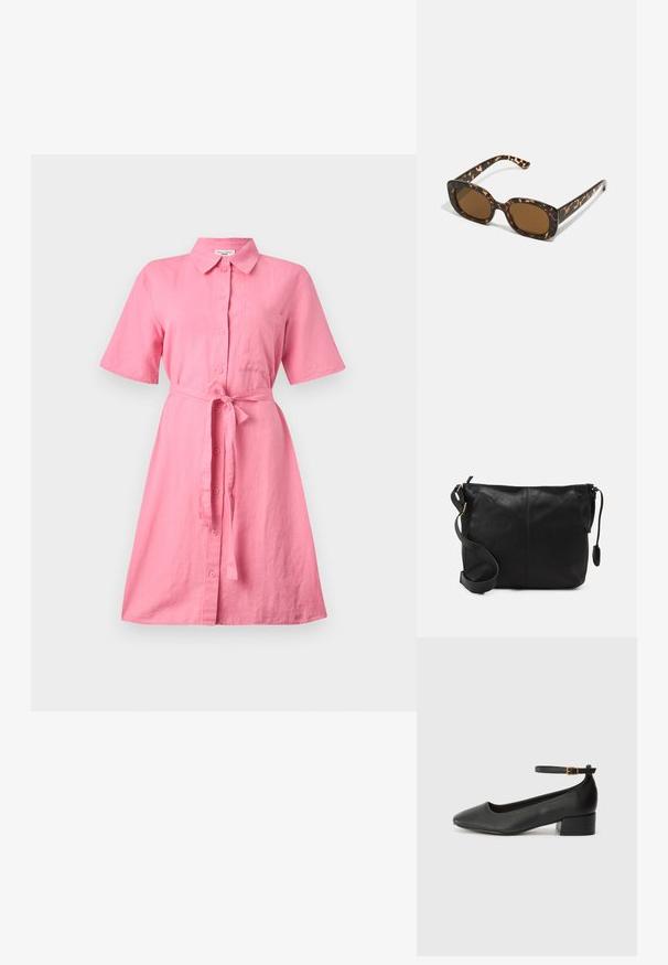 Vestido de camisa em linho rosa com mangas curtas, fecho de botões na frente e um cinto de amarrar na cintura. Apresenta um bolso no peito e um corte relaxado.; Sandal de pele preta com bico pontiagudo e um salto bloco baixo. Apresenta uma tira no tornozelo com uma fivela em tom dourado. Textura suave.; Óculos de sol tartaruga com uma armação redonda e robusta e lentes castanhas. Apresenta padrões subtis e hastes direitas e afinadas.; Mala de ombro em couro preto com forma plana, detalhes em metal dourado e alça ajustável. Textura suave com detalhes de costura mínimos.