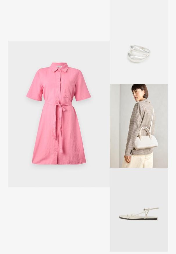 Rožinė lininė suknelė marškiniais su trumpomis rankovėmis, priekyje su mygtukais ir dirželiu juosmeniui. Su krūtinės kišene ir laisvu siluetu.; Bežiniai plokšti sandalai su keliais lieknais dirželiais ir reguliuojamu užsegimu. Padas plokščias, su lengvu tamsiu kontrastu krašte.; Balta struktūruota rankinė su trumpomis rankenomis ir peties diržu, su auksinėmis detalėmis ir tekstūruota medžiaga, pastatyta prieš pilką foną.; Sidabrinis dvigubas žiedas su lygiu, poliruotu paviršiumi. Pasižymi sklandžiu, kreiptu dizainu su persipinančiomis dalimis, suteikiančiomis modernų išvaizdą.