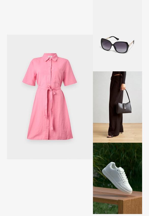 Abito camicia in lino rosa con maniche corte, chiusura con bottoni frontale e cintura da annodare in vita. Presenta una tasca sul petto e una vestibilità comoda.; Sneaker bianco con tomaia in sintetico liscio, punta perforata, lacci piatti e suola testurizzata, esposto su una superficie di legno.; Occhiali da sole neri oversize con lenti sfumate, montatura spessa e dettagli in catena dorata sulle astine.; Borsa nera con forma strutturata, texture liscia e una chiusura metallica. Abbinata a pantaloni neri larghi e sandali open-toe su un pavimento in legno.