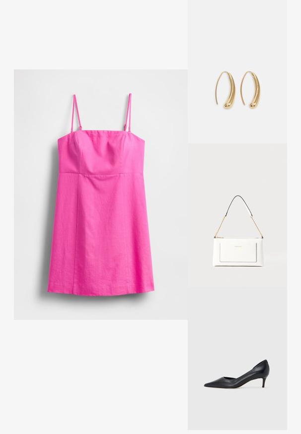 Vestido cor-de-rosa sem mangas com alças finas, um corpete ajustado e uma saia fluida. Feito de tecido leve com textura suave.; Sapato de salto alto preto em pele com bico fino e salto baixo. Apresenta uma textura suave e brilho subtil. Corte aberto na parte da frente para um detalhe adicional.; Bolsa de mão branca em couro com acabamento texturizado, featuring a corrente dourada e detalhes pretos. Inclui um bolso frontal e fecho com zipper.; Brincos em metal dourado com forma de arco alongado e curvado. Apresentam uma superfície lisa e brilhante, com uma ponta arredondada para um detalhe adicional.