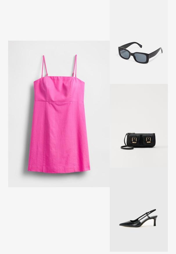 Růžové šaty bez rukávů s tenkými ramínky, přiléhavým živůtkem a volánovou sukní. Vyrobeno z lehké látky s hladkou strukturou.; Černé lakované slingback podpatky s špičatou špičkou, zdobené texturovaným hadím vzorem, nastavovacím páskem a krátkým texturovaným blokovým podpatkem.; Černé obdélníkové sluneční brýle s tmavými skleněnými čočkami, silným plastovým rámem a širokými spánky. Hladký povrch a hranatý design.; Černá kožená crossbody taška se dvěma předními kapsami, zlatými přezkami, zipovým uzávěrem a štíhlým popruhem. Texturovaný povrch a kompaktní obdélníkový tvar.