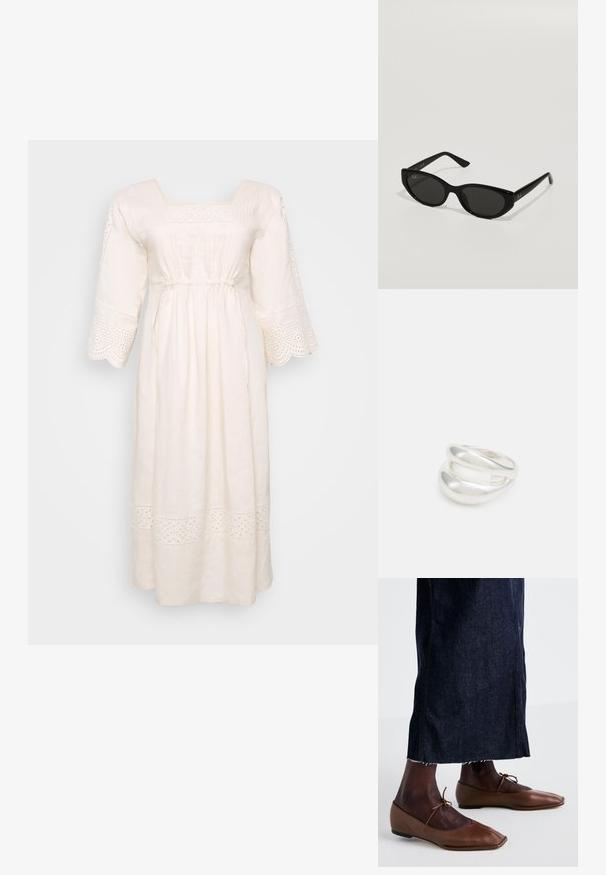 Balta lininė suknelė su kvadratiniu iškirpimu, trumpomis platėjančiomis rankovėmis ir dekoratyviniu skylučių apdaila. Suknelė turi surinktą liemenį ir kulkšnies ilgį.; Rudos odinės butai su smailiu nosiu ir surišimu, derinami su tamsiais džinsiniais sijonais, turinčiais susivėrimą ir šoninius siūlus.; Juodos saulės akinios, kurie turi siaurą, katės akies formą. Pagaminti iš lygaus plastiko, su tamsiais objektyvais ir subtiliais logotipo akcentais ant šventyklų.; Sidabrinis dvigubas žiedas su lygiu, poliruotu paviršiumi. Pasižymi sklandžiu, kreiptu dizainu su persipinančiomis dalimis, suteikiančiomis modernų išvaizdą.