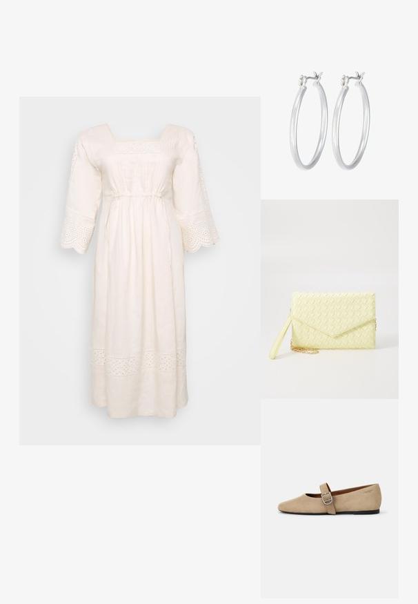 White linen dress with a square neckline, short flared sleeves, and decorative eyelet trim. Features a gathered waist and ankle-length hem.; Beige suede Mary Jane flats with a pointed toe and a single adjustable strap featuring a silver buckle. Black flat sole.; Yellow woven clutch wallet with a flap design, a detachable wrist strap, and a gold chain accent. Smooth texture and rectangular shape.; Silver hoop earrings with a smooth, polished finish. Round shape and secure click-top closure. Lightweight design suitable for everyday wear.