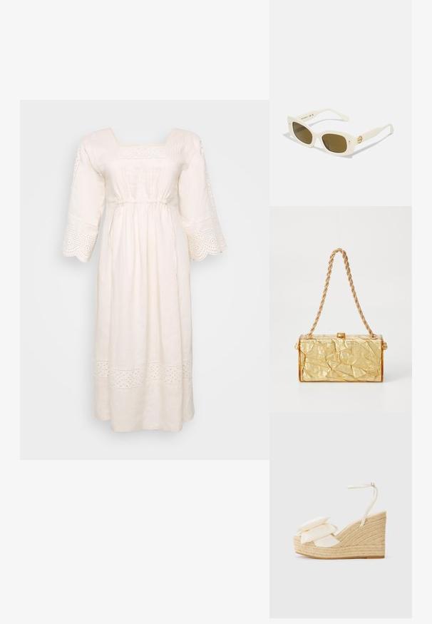 Witte linnen jurk met een vierkante halslijn, korte uitlopende mouwen en decoratieve oogjesafwerking. Heeft een geplooide taille en een enkel-lange zoom.; Wedge sandaal met een natuurlijk jute platform, een crèmekleurige stoffen bovenwerk en twee gelaagde bloemaccenten; heeft een dunne enkelband met gespsluiting.; Witte kunststof zonnebril met een rechthoekig montuur, bruine glazen en een gouden accent op de tempel. Soepele textuur en modern ontwerp.; Gouden handtas met gekreukt textuur en een rechthoekige vorm, voorzien van een kettingriem en een sluiting bovenop. Gladde, glanzende afwerking.